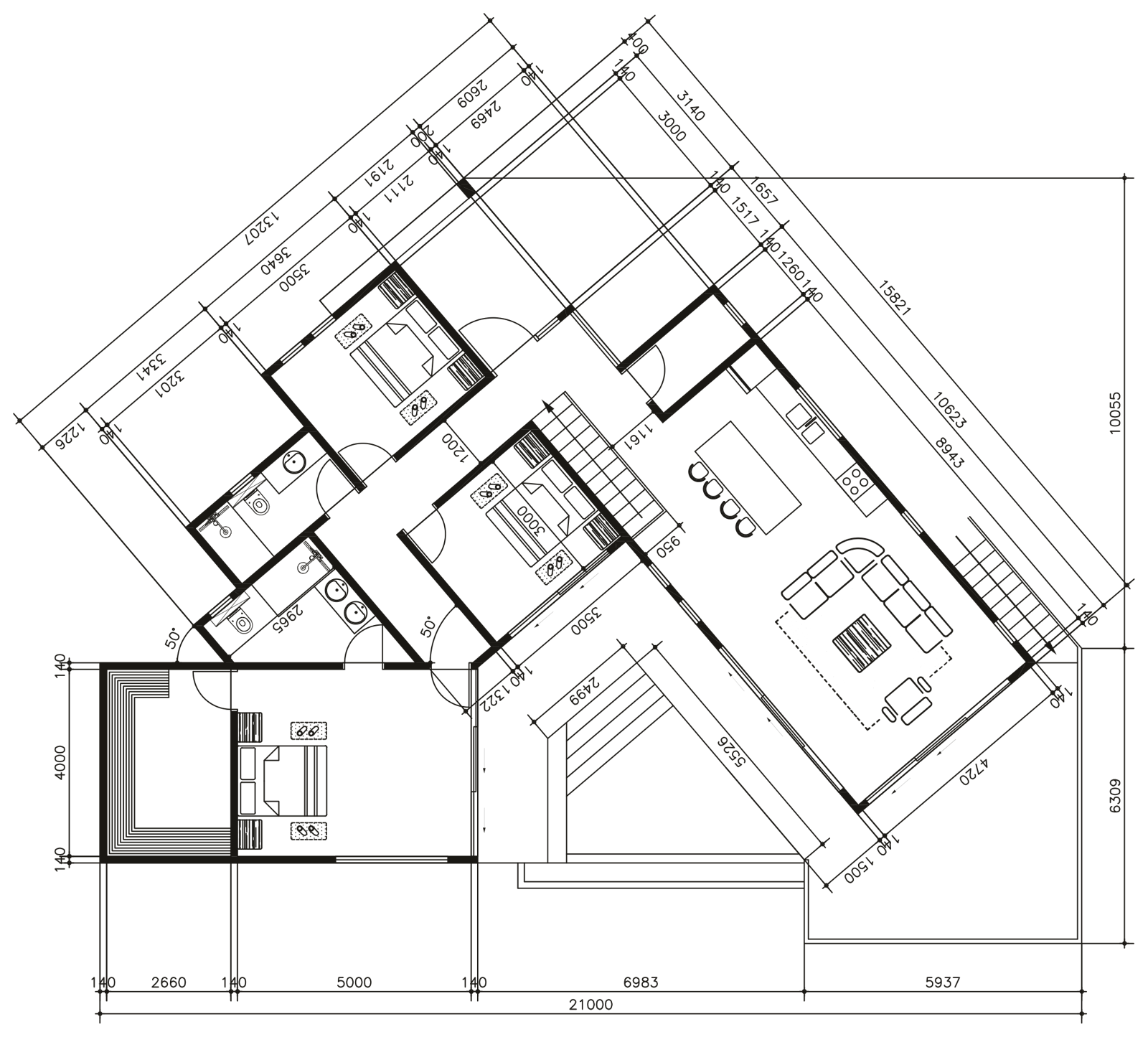 Floor plan of a villa with measurements in millimetres