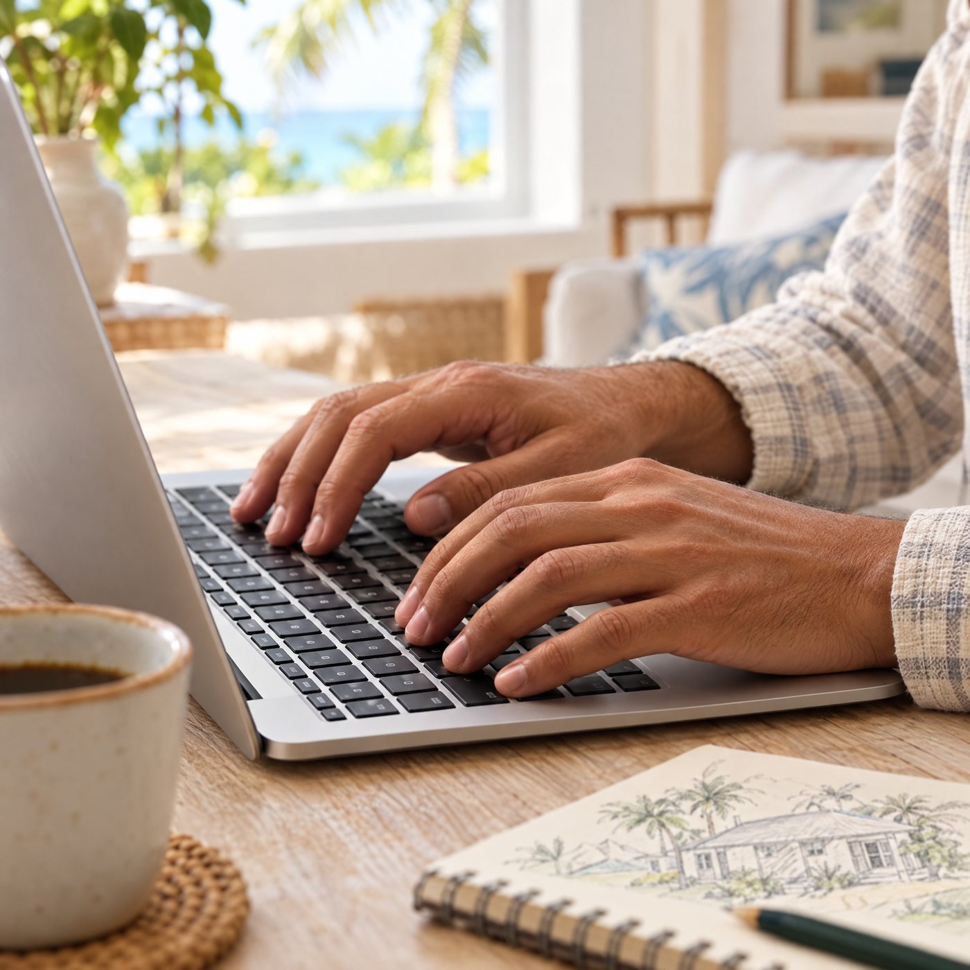 Hands typing a message on a laptop next to a coffee and a house sketch