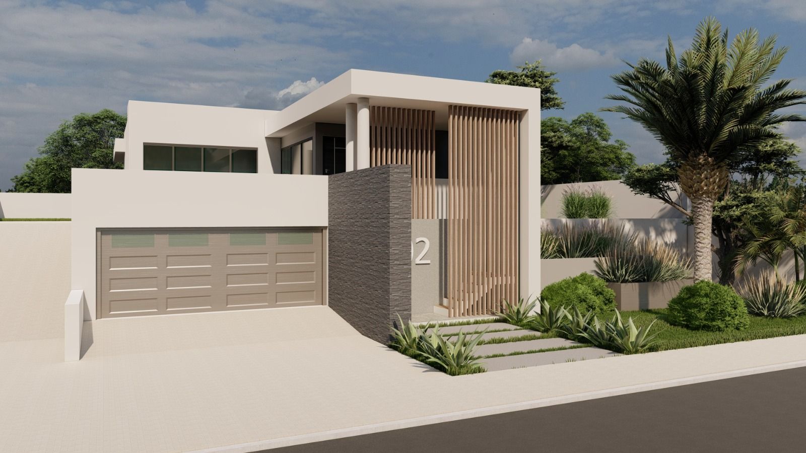 3D render of a modern white home with a wood-slat facade