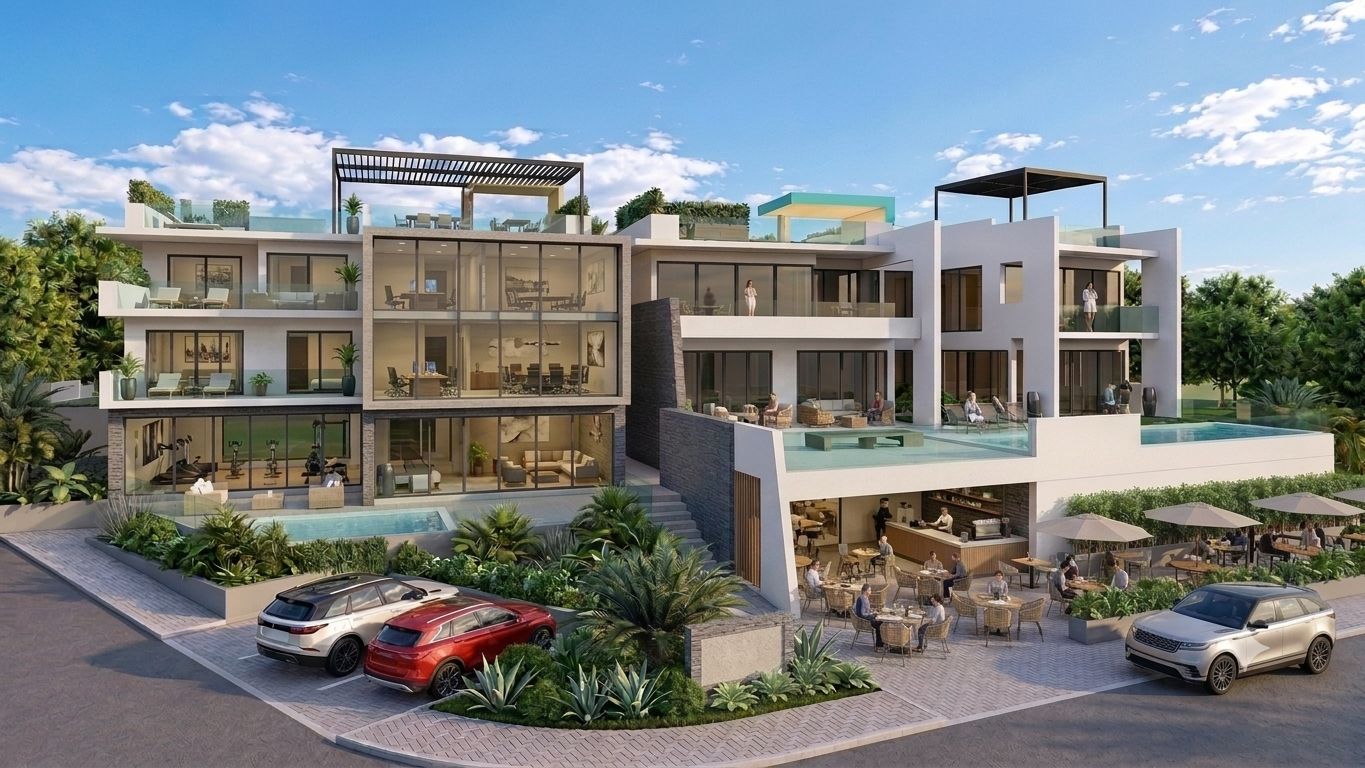 3D render of a terraced apartment complex with pools