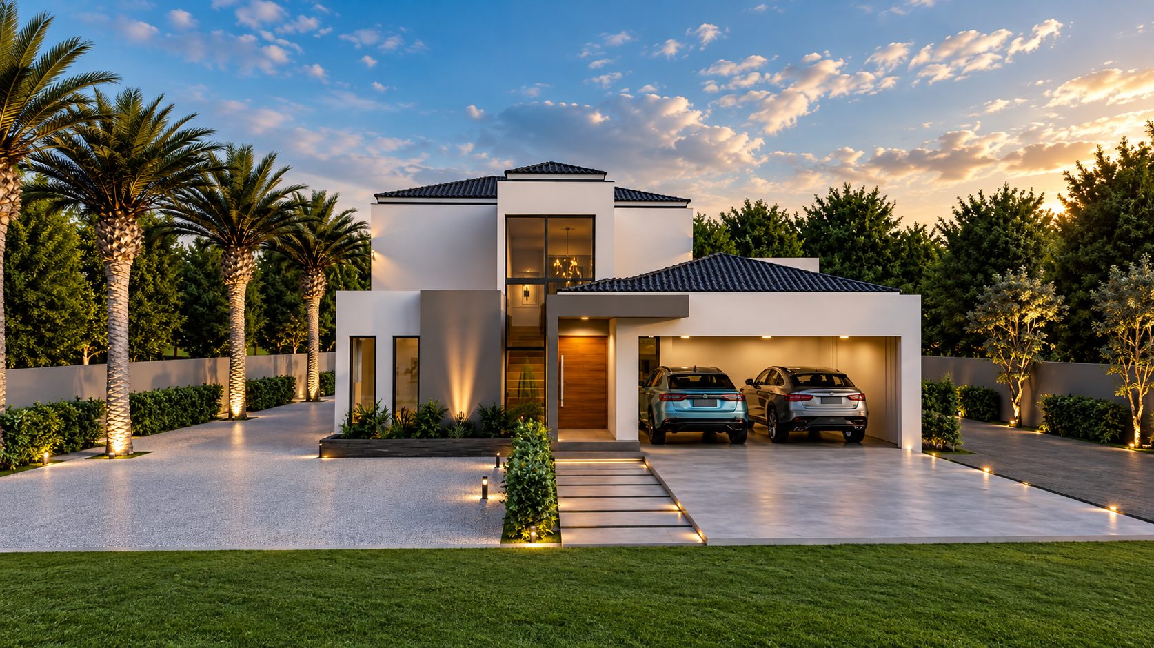 Modern two-storey home with a double garage at sunset